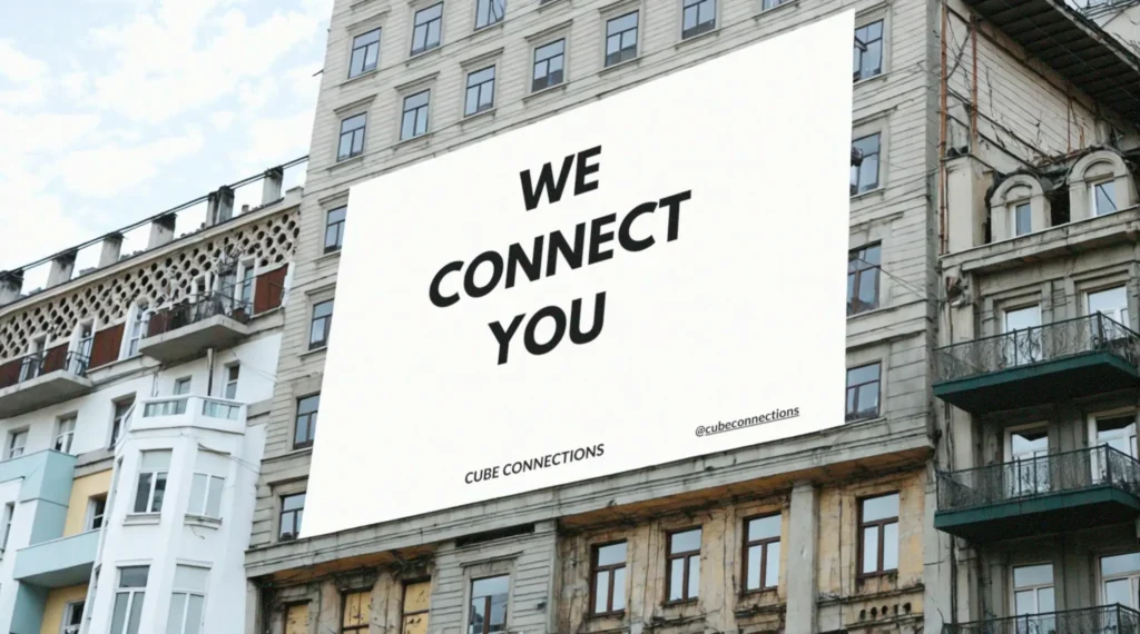 Una valla publicitaria con el texto 'WE CONNECT YOU' y el logo de Cube Connections una agencia de influencer marketing en la fachada de un edificio.